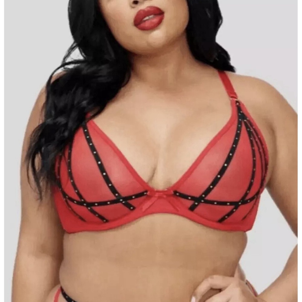 Frederick's of Hollywood Rozlyn Balconette Bra Red 34F Strappy Design NWT